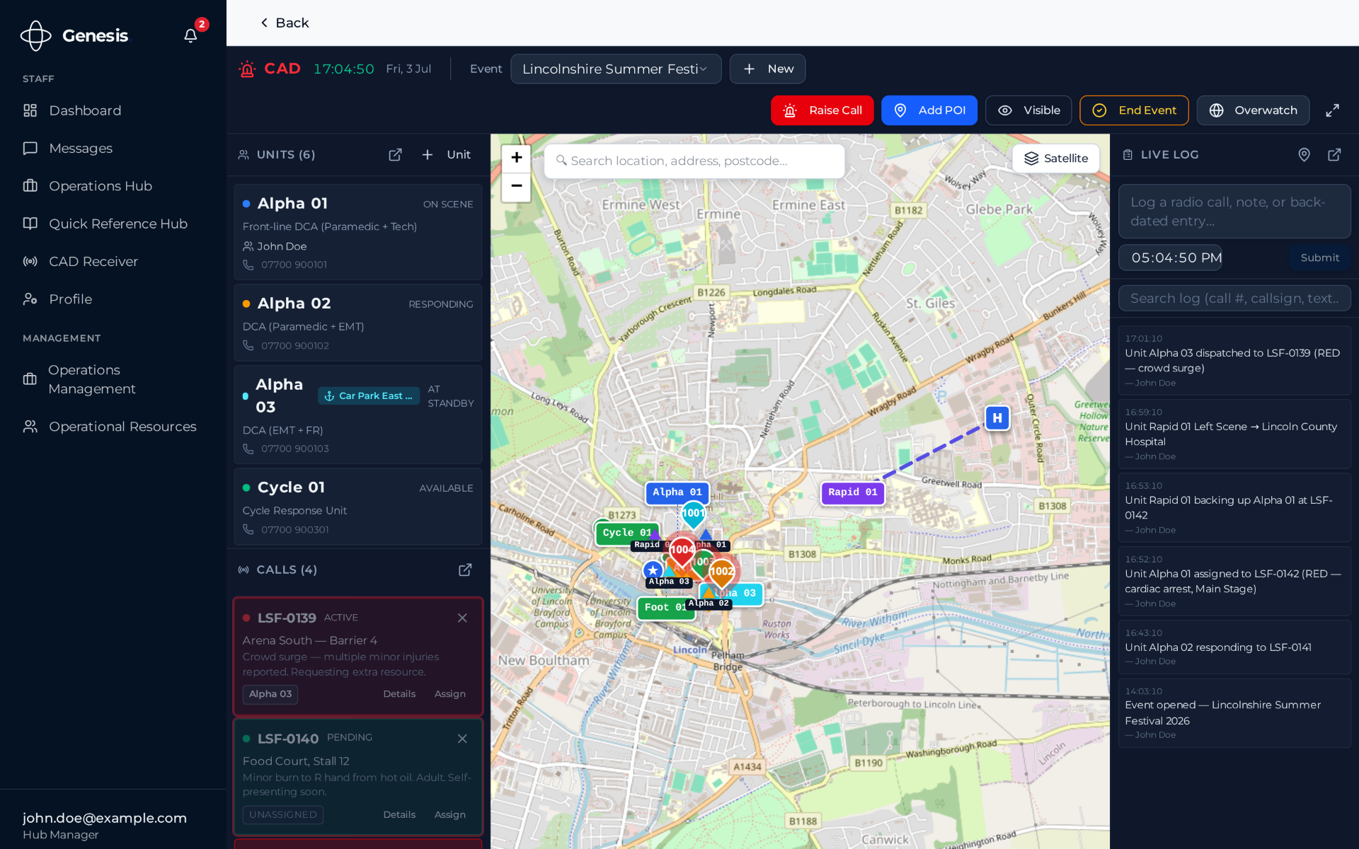 Genesis CAD dispatch map showing units, active calls and points of interest